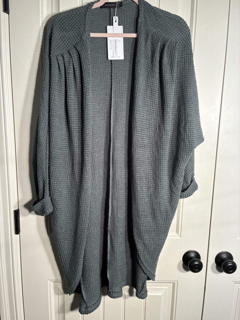 MEROKEETY Open Front Cardigan Sweater Women's M Sage Green Crochet Knit NWT